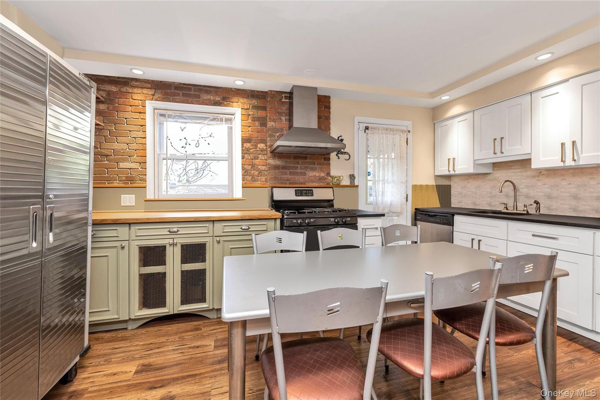 Interior, Kitchen, Recessed Lighting, Stainless Steel Appliances, Stone Walls, Wood Texture Flooring