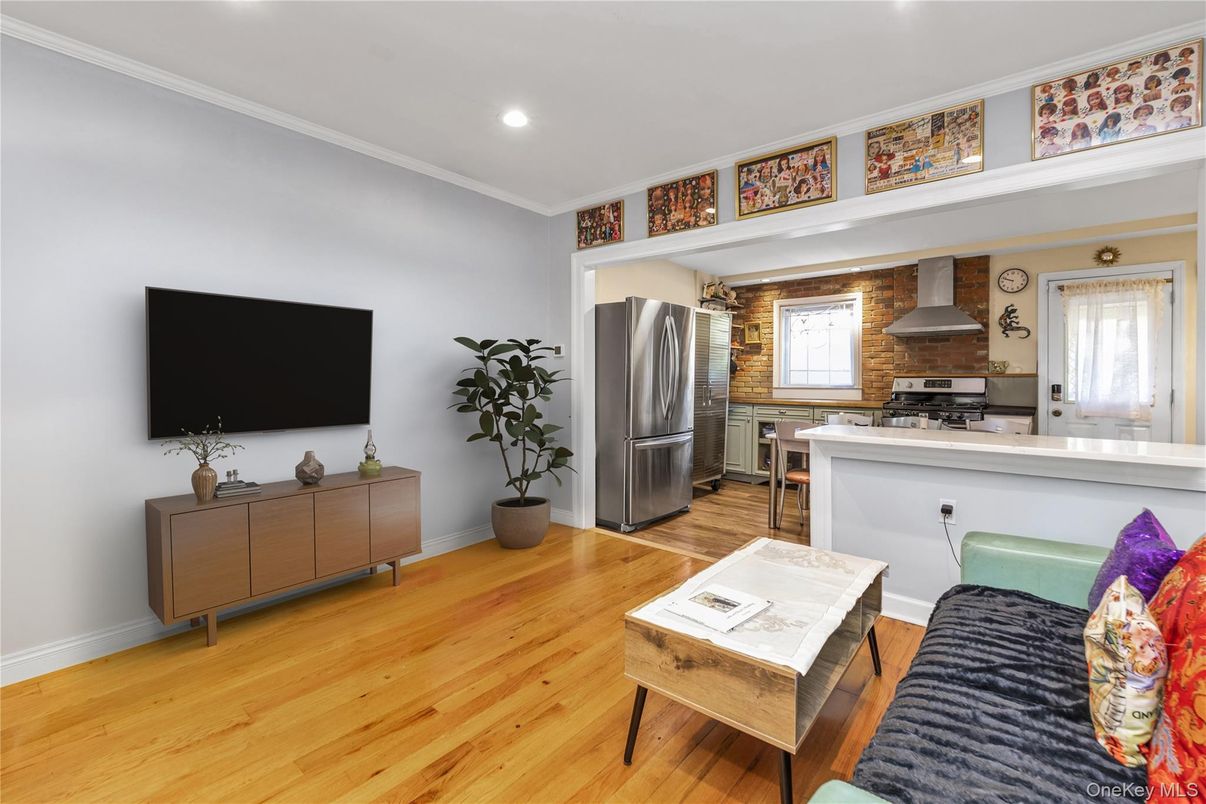 Interior, Kitchen, Recessed Lighting, Stainless Steel Appliances, Stone Walls, Wood Texture Flooring