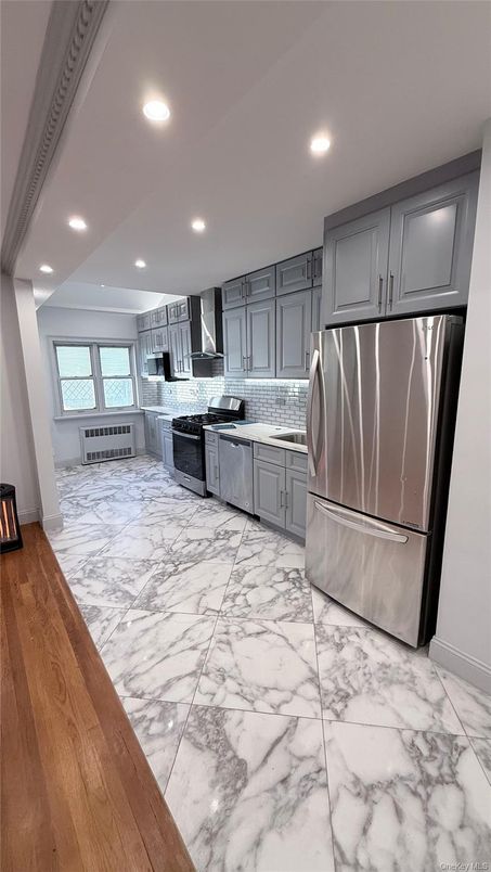 Interior, Kitchen, Marble, Recessed Lighting, Stainless Steel Appliances