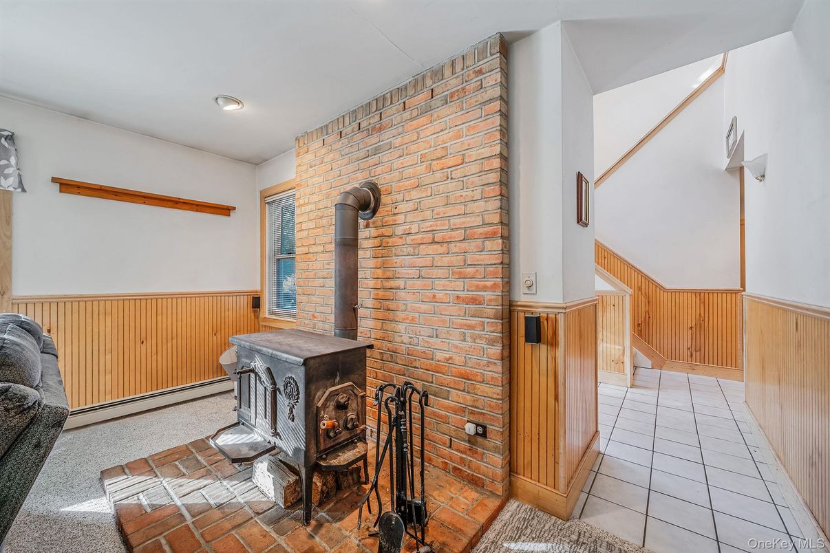 Fireplace, Interior, Recessed Lighting, Stone Walls