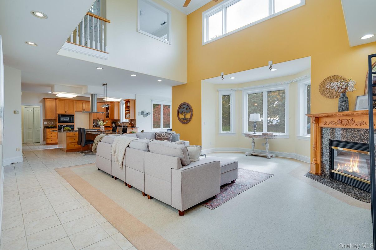 Dining room, Fireplace, Interior, Kitchen, Living room, Pendant Lights, Recessed Lighting