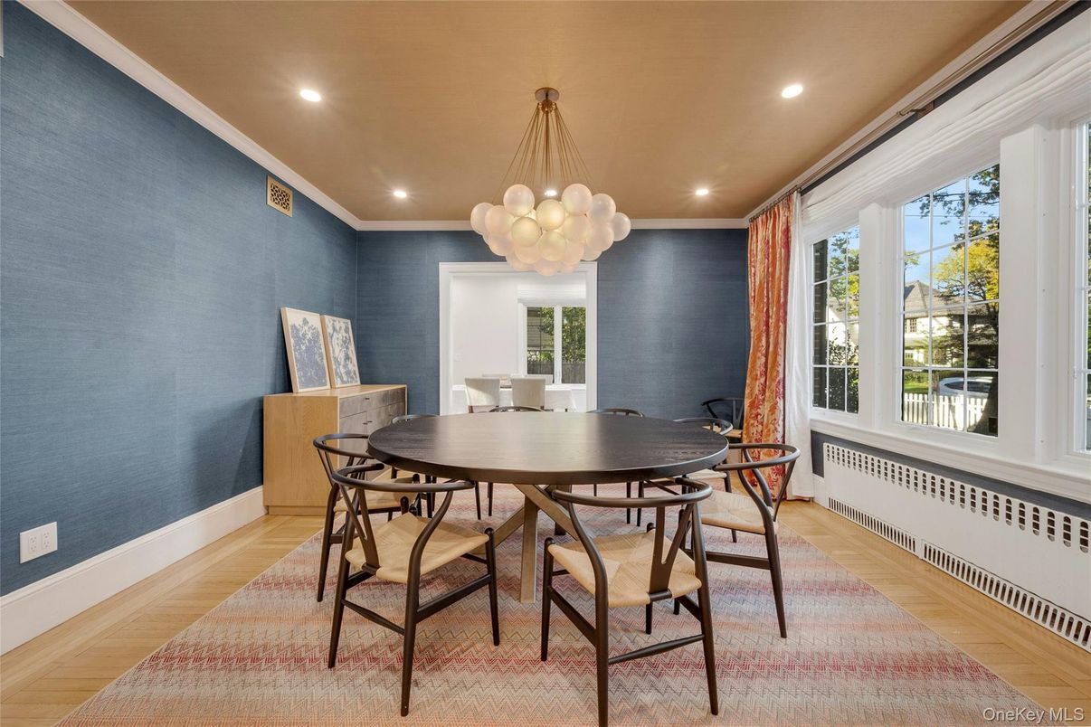 Dining room, Interior, Pendant Lights, Recessed Lighting, Wood Texture Flooring