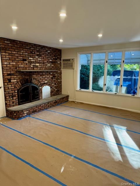 Empty room, Fireplace, Interior, Recessed Lighting, Stone Walls