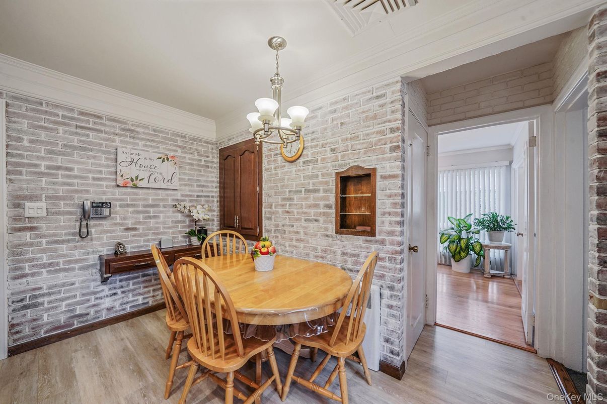 Chandelier, Dining room, Interior, Stone Walls, Wood Texture Flooring