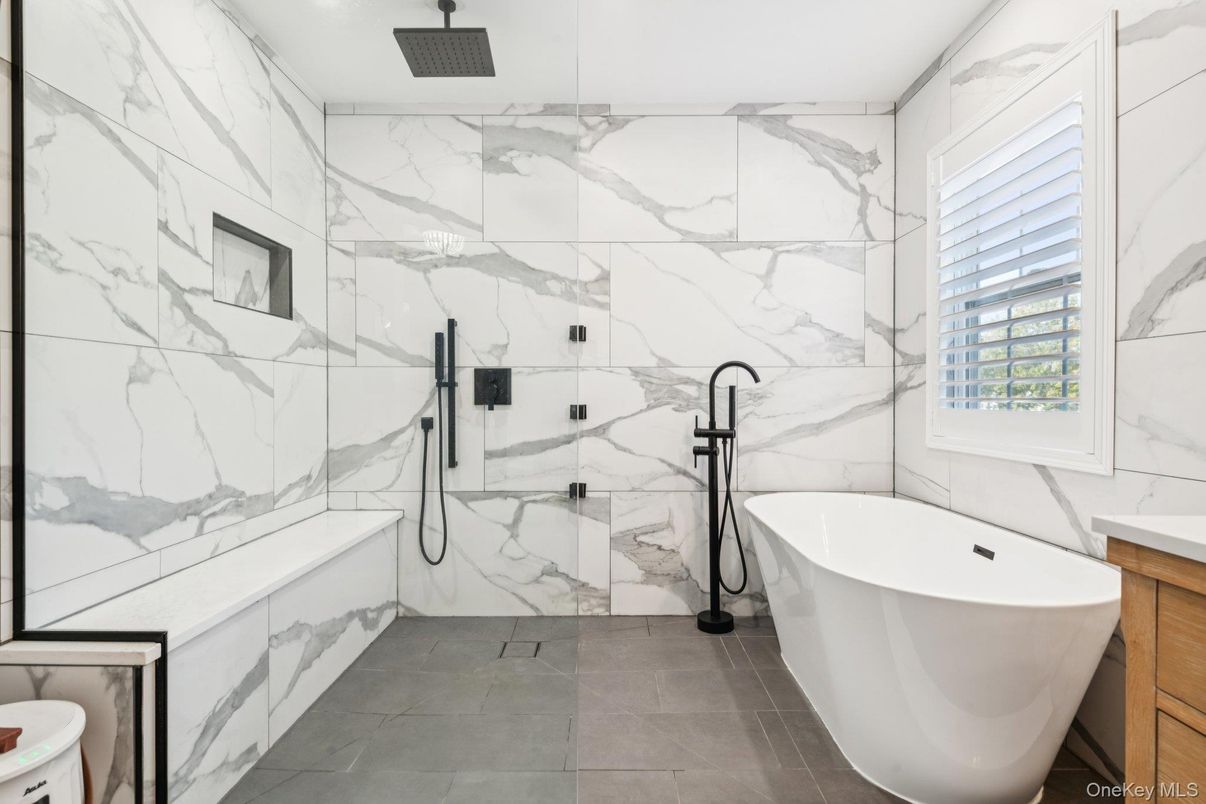 Bathroom, Free Standing Baths, Interior, Marble Walls, Recessed Lighting