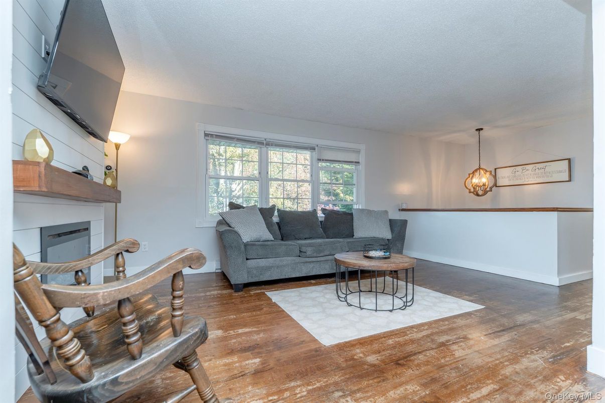 Fireplace, Interior, Living room, Pendant Lights, Wood Texture Flooring