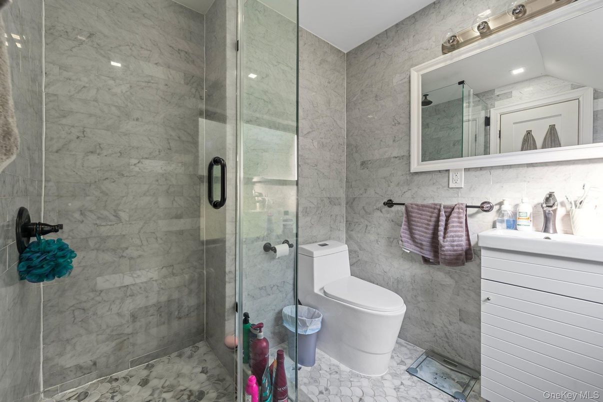 Bathroom, Glass Shower, Interior, Marble Walls, Recessed Lighting