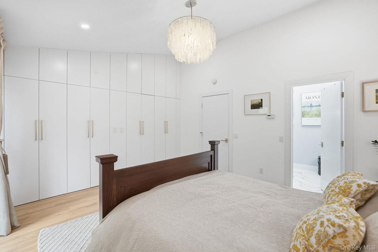 Bedroom, Chandelier, Interior, Recessed Lighting, Wood Texture Flooring