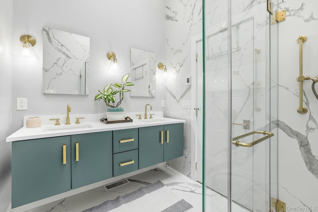 Bathroom, Dual Sink Vanities, Glass Shower, Interior, Marble, Marble Walls