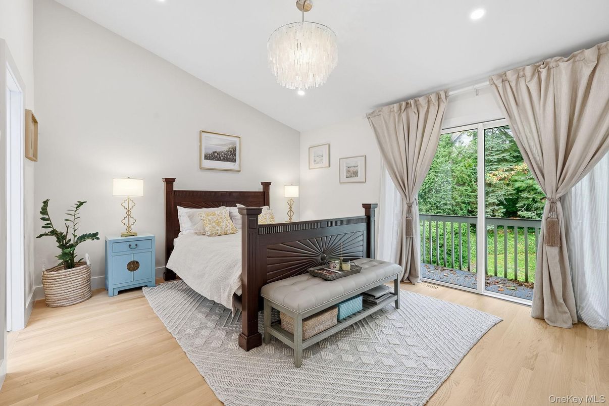 Bedroom, Chandelier, Interior, Recessed Lighting, Wood Texture Flooring