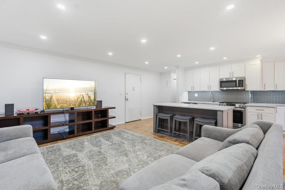 Interior, Kitchen, Living room, Recessed Lighting, Stainless Steel Appliances, Wood Texture Flooring
