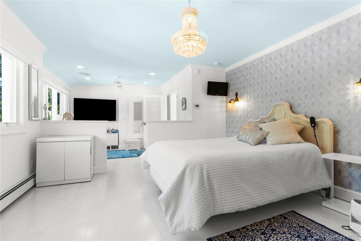 Bedroom, Chandelier, Interior, Recessed Lighting, Wood Texture Flooring