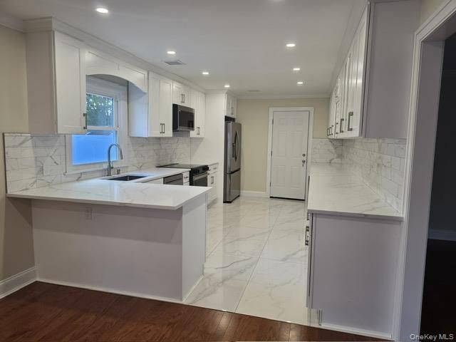 Interior, Kitchen, Marble, Marble Walls, Recessed Lighting, Wood Texture Flooring