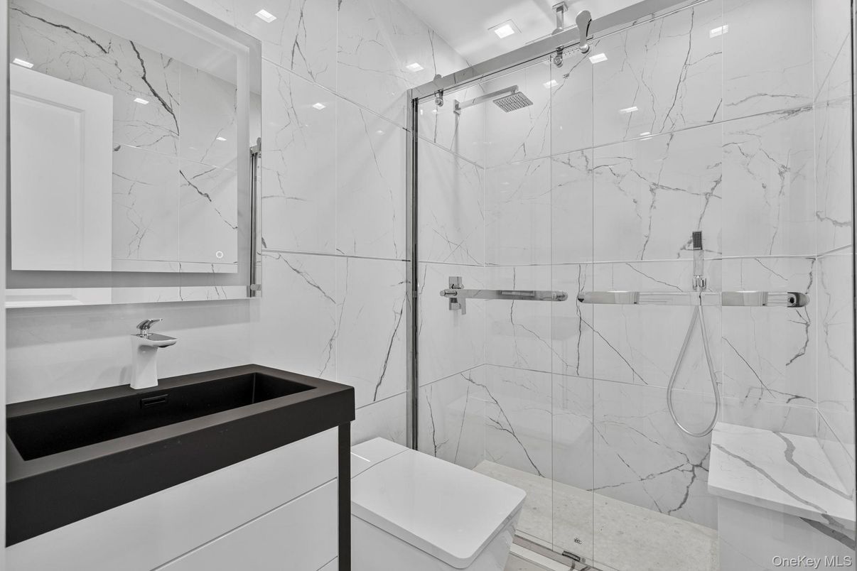Bathroom, Glass Shower, Interior, Marble Walls, Recessed Lighting