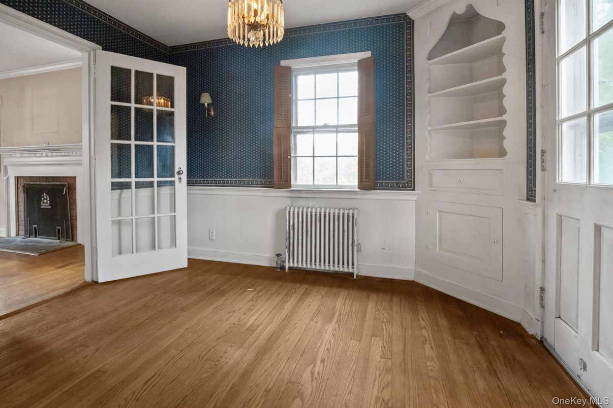 Chandelier, Empty room, Fireplace, Interior, Wood Texture Flooring