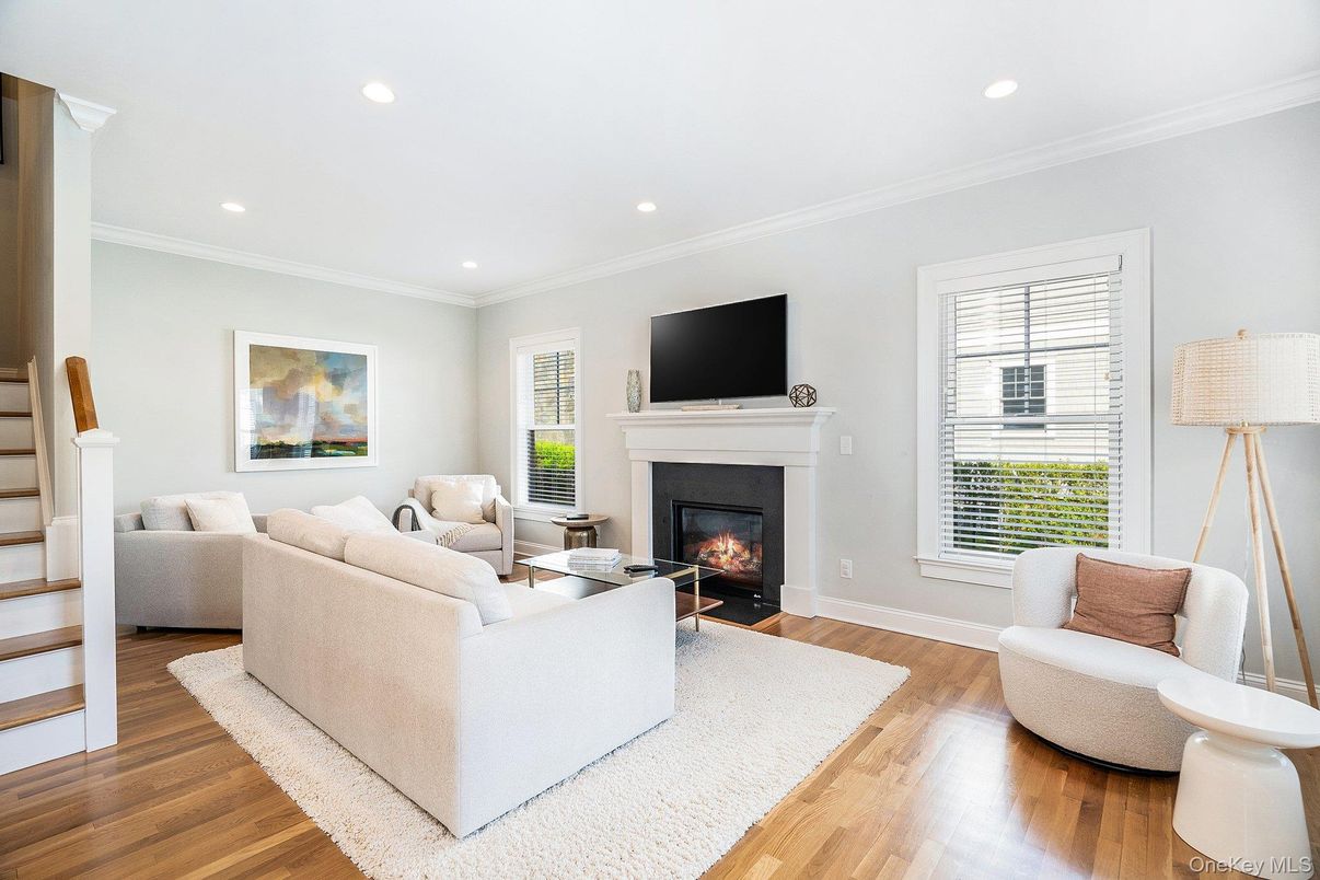 Fireplace, Interior, Living room, Recessed Lighting, Wood Texture Flooring