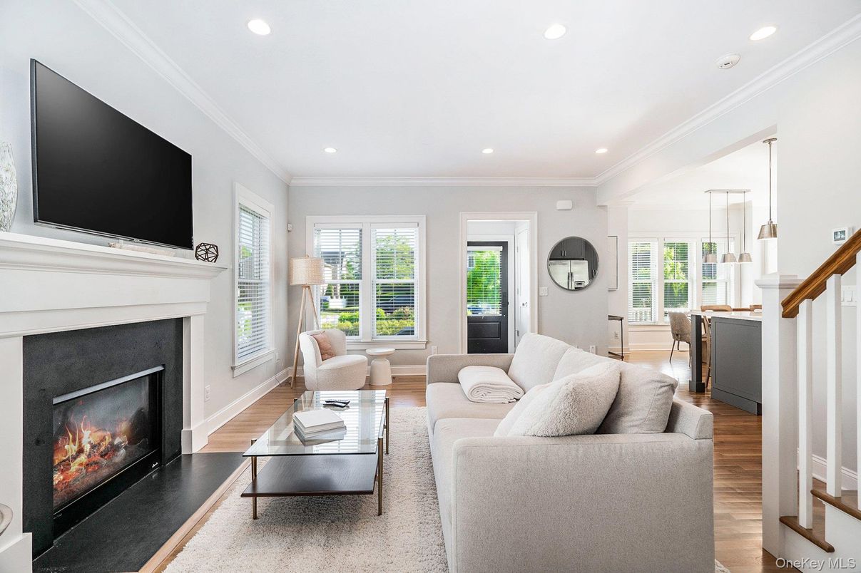 Fireplace, Interior, Living room, Recessed Lighting, Wood Texture Flooring
