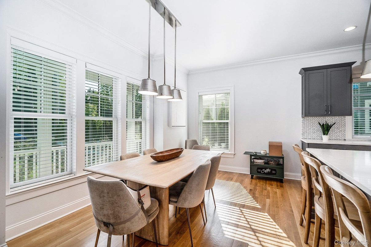 Dining room, Interior, Pendant Lights, Recessed Lighting, Wood Texture Flooring