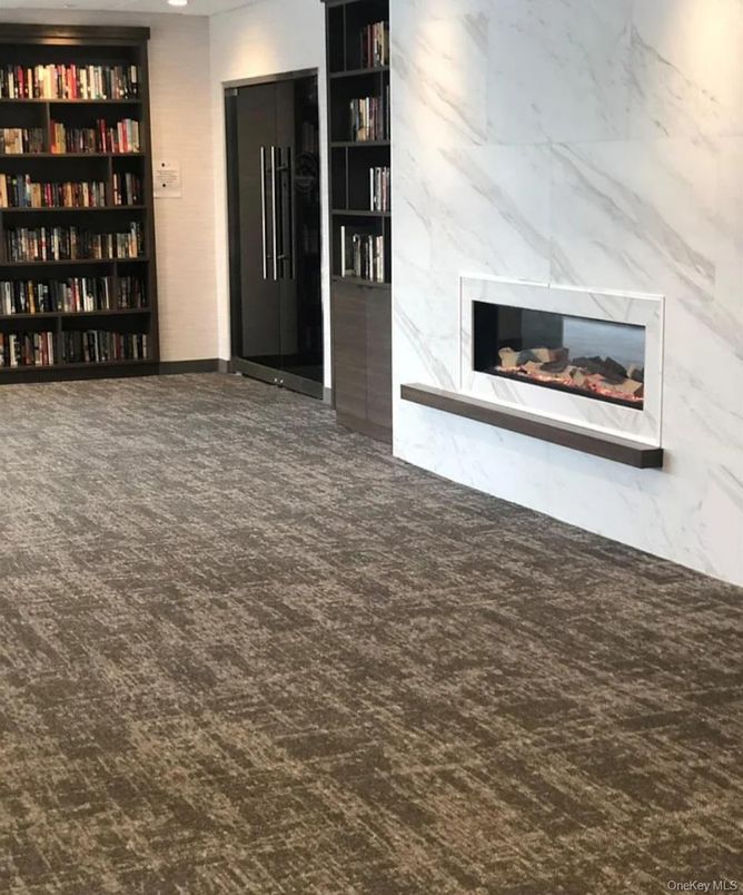 Fireplace, Interior, Marble Walls, Recessed Lighting