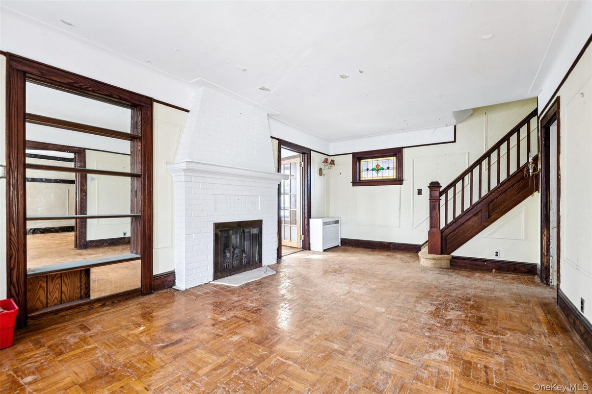 Empty room, Fireplace, Interior, Recessed Lighting, Wood Texture Flooring