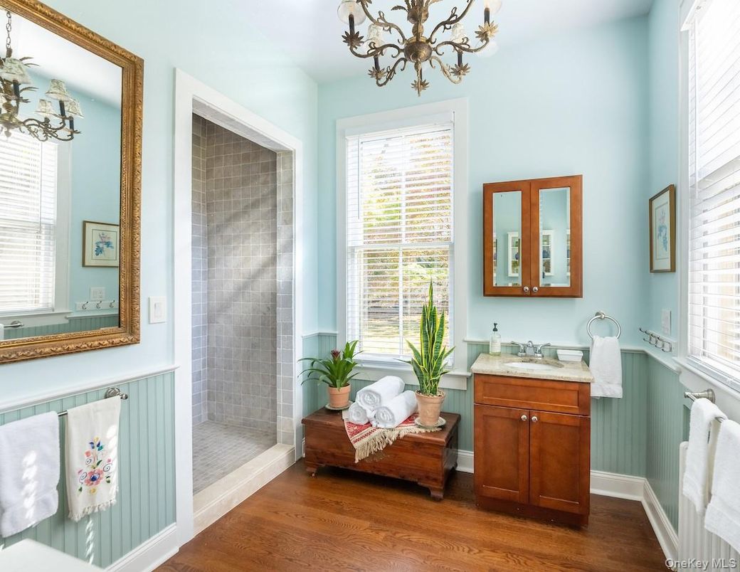 Bathroom, Chandelier, Interior, Wood Texture Flooring