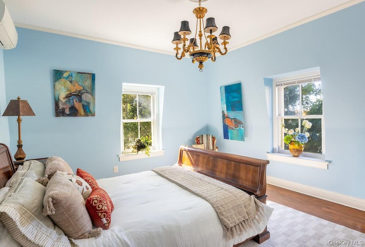 Bedroom, Chandelier, Interior, Wood Texture Flooring