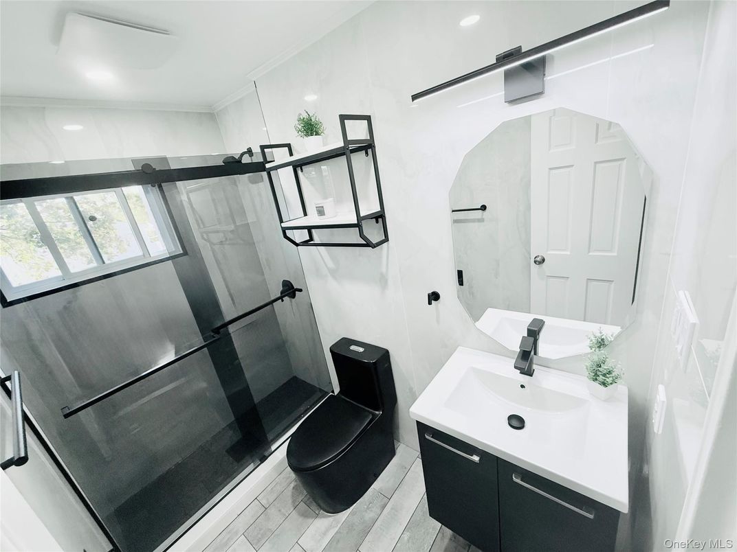 Bathroom, Glass Shower, Interior, Recessed Lighting, Wood Texture Flooring