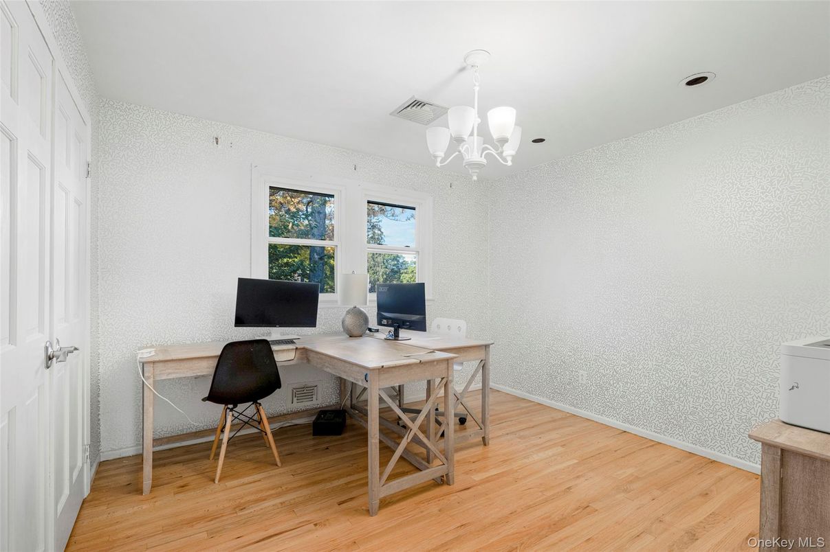 Chandelier, Home Office, Interior, Wood Texture Flooring