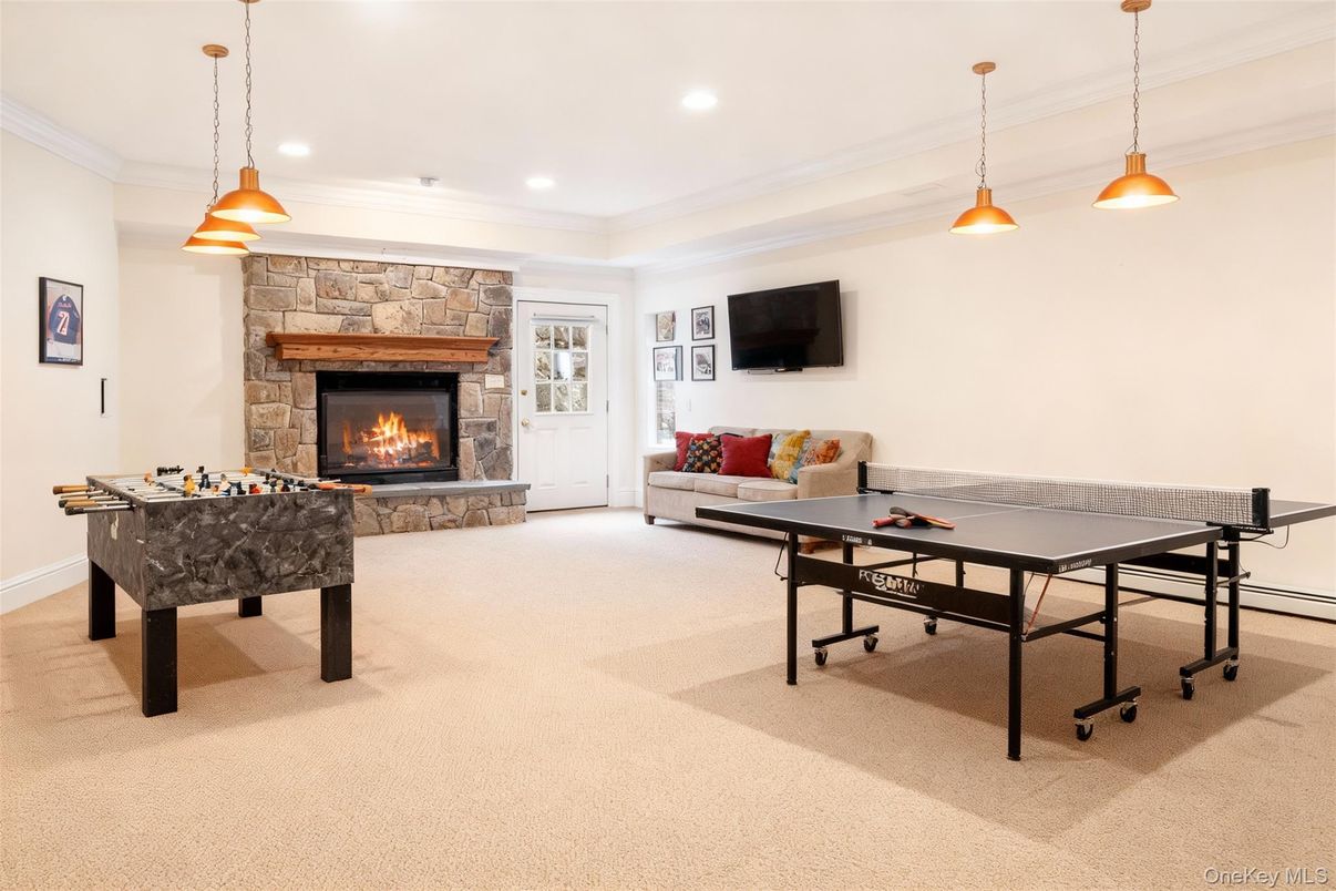 Billiard Table, Fireplace, Game Room, Interior, Living room, Pendant Lights, Recessed Lighting, Stone Walls