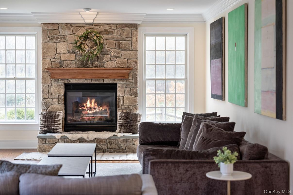 Fireplace, Interior, Living room, Recessed Lighting, Stone Walls