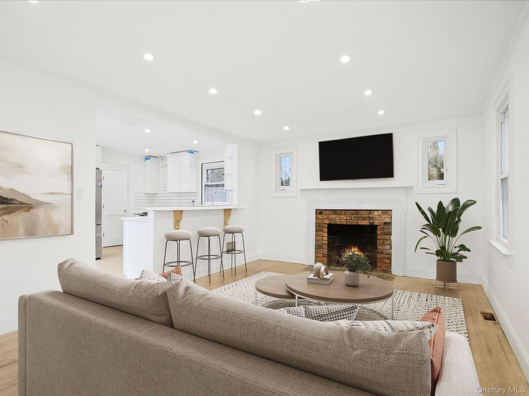 Fireplace, Interior, Kitchen, Living room, Recessed Lighting, Wood Texture Flooring