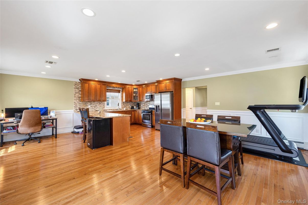 Home Office, Interior, Kitchen, Recessed Lighting, Stainless Steel Appliances, Wood Texture Flooring