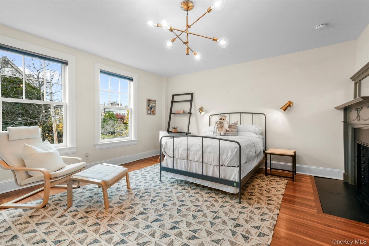 Bedroom, Fireplace, Interior, Pendant Lights, Wood Texture Flooring