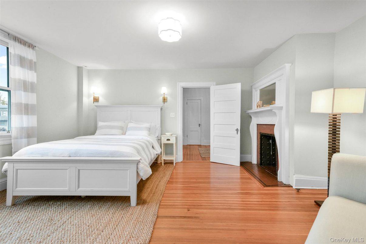 Bedroom, Fireplace, Interior, Wood Texture Flooring