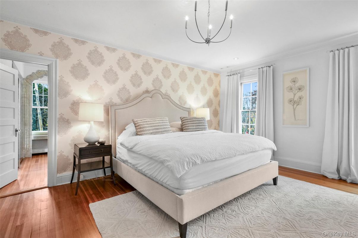 Bedroom, Chandelier, Interior, Wood Texture Flooring