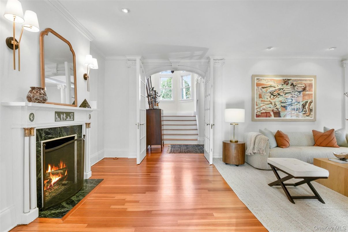 Fireplace, Interior, Recessed Lighting, Wood Texture Flooring