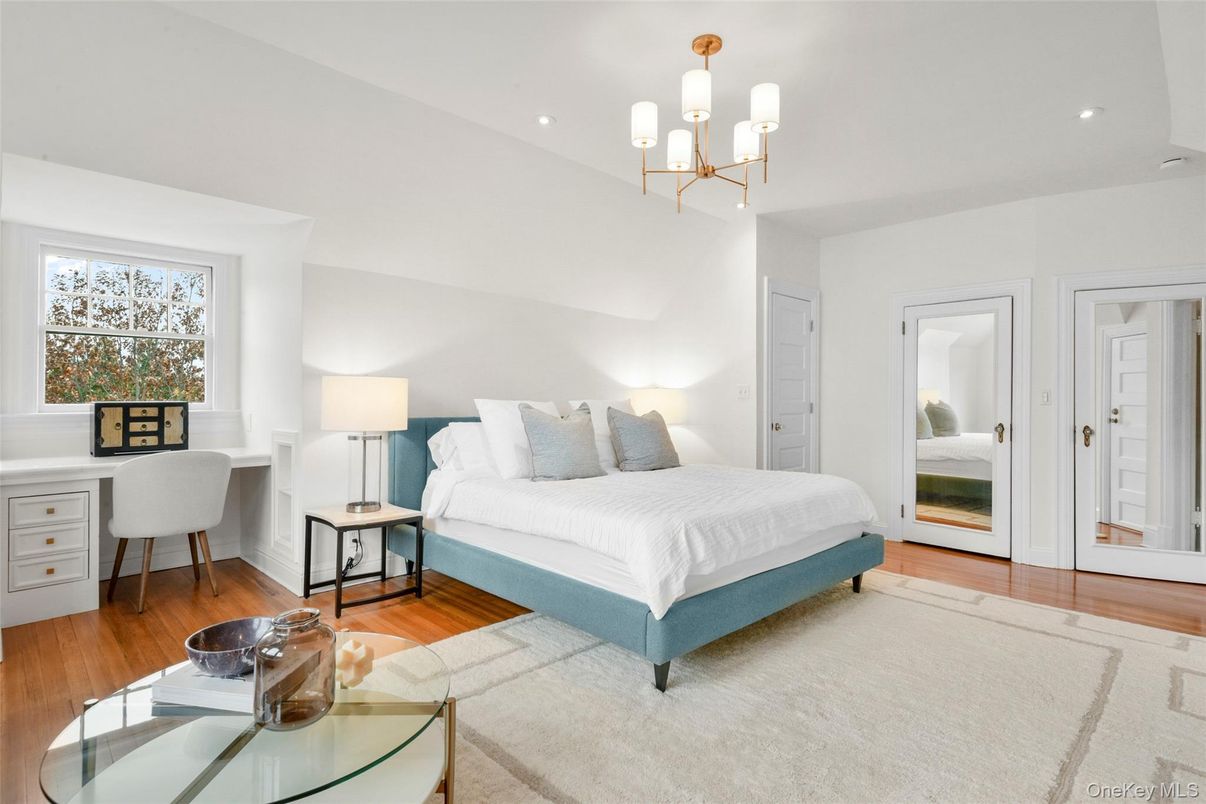 Bedroom, Chandelier, Home Office, Interior, Recessed Lighting, Wood Texture Flooring