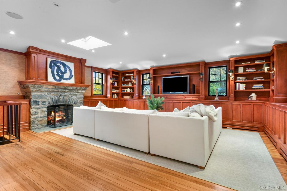 Fireplace, Interior, Living room, Recessed Lighting, Wood Texture Flooring, Wooden Walls