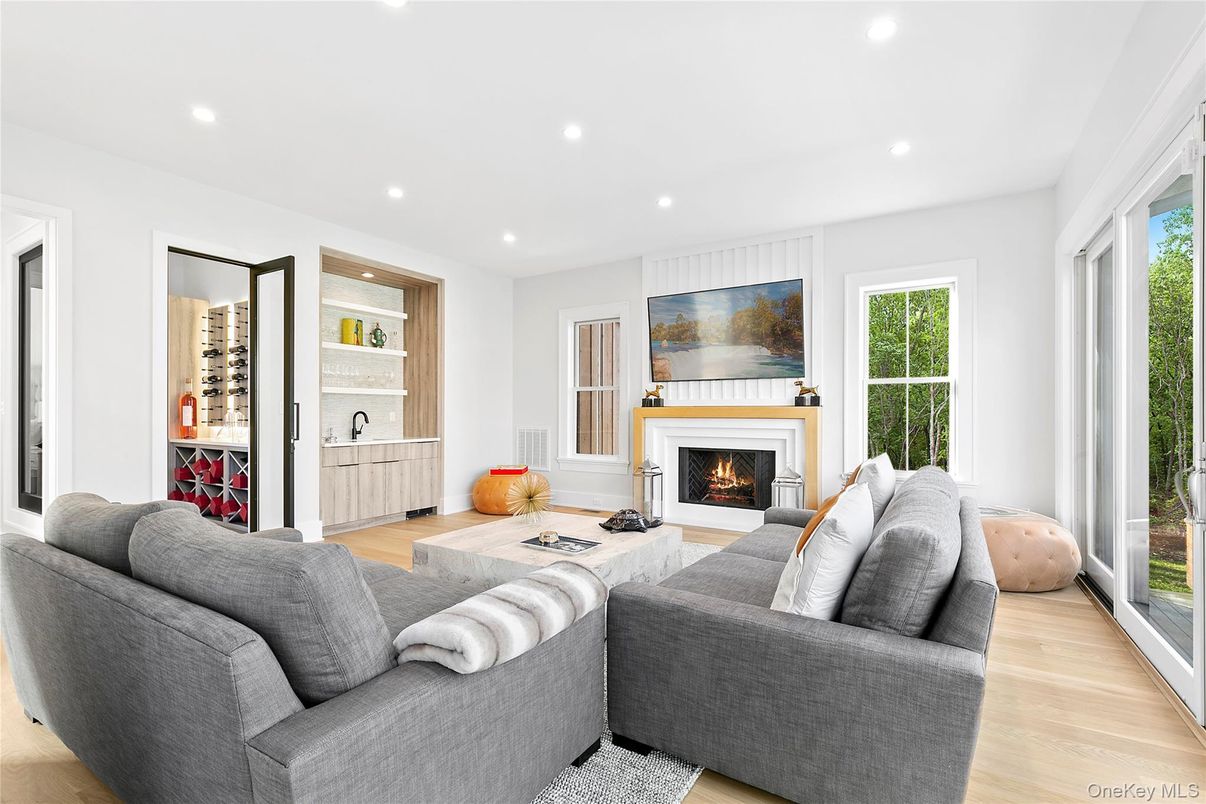 Fireplace, Interior, Living room, Recessed Lighting, Wood Texture Flooring