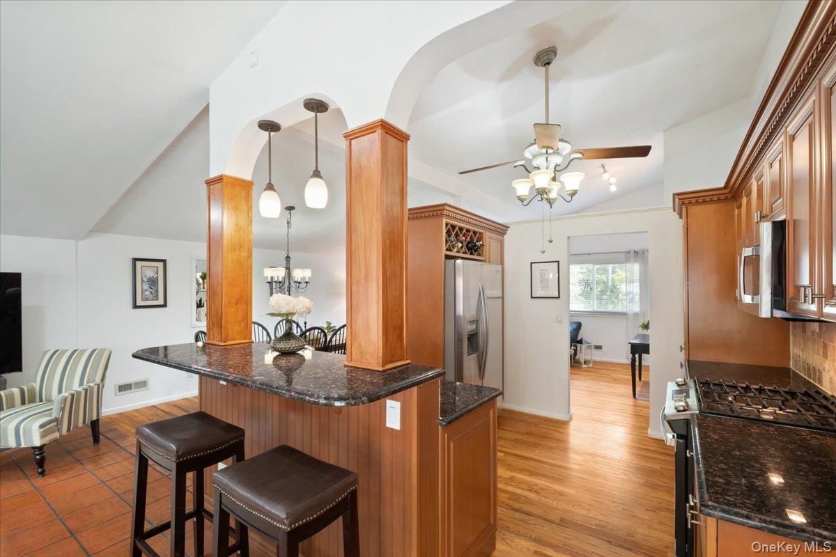 Chandelier, Interior, Kitchen, Pendant Lights, Stainless Steel Appliances, Wood Texture Flooring