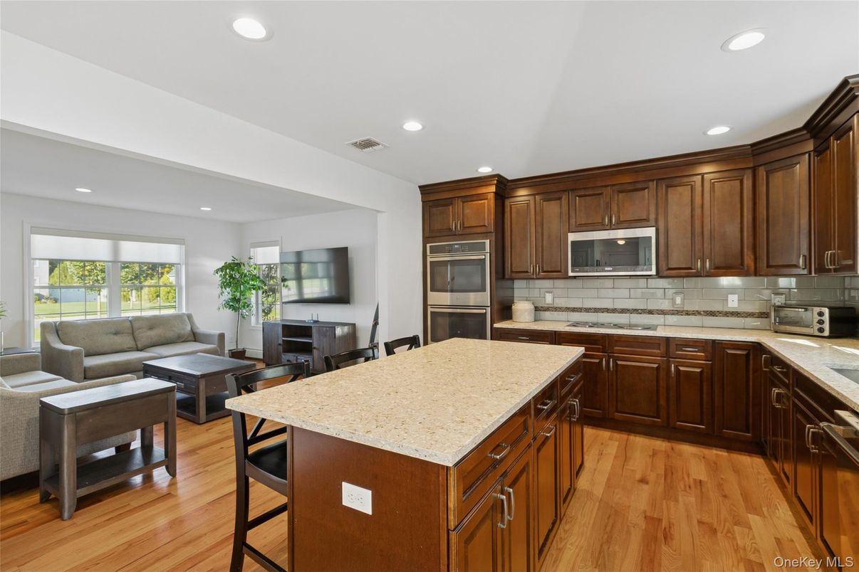 Interior, Kitchen, Living room, Recessed Lighting, Stainless Steel Appliances, Wood Texture Flooring