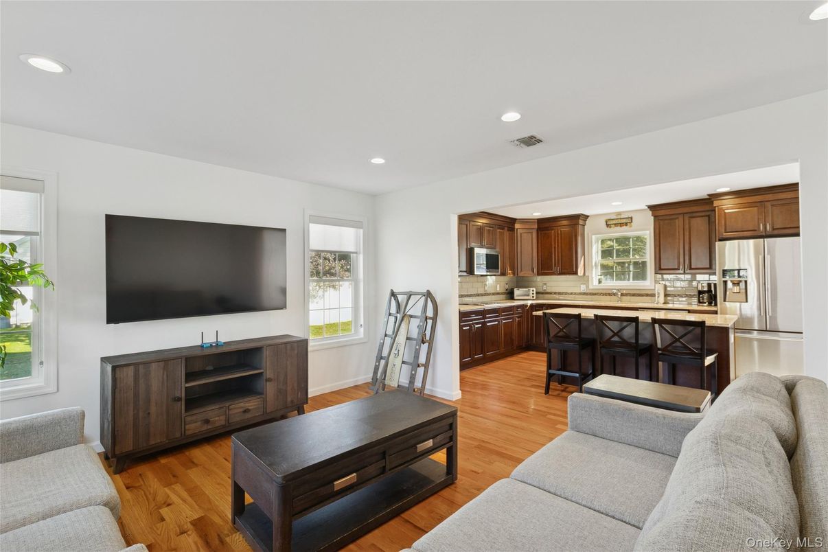 Interior, Kitchen, Living room, Recessed Lighting, Stainless Steel Appliances, Wood Texture Flooring