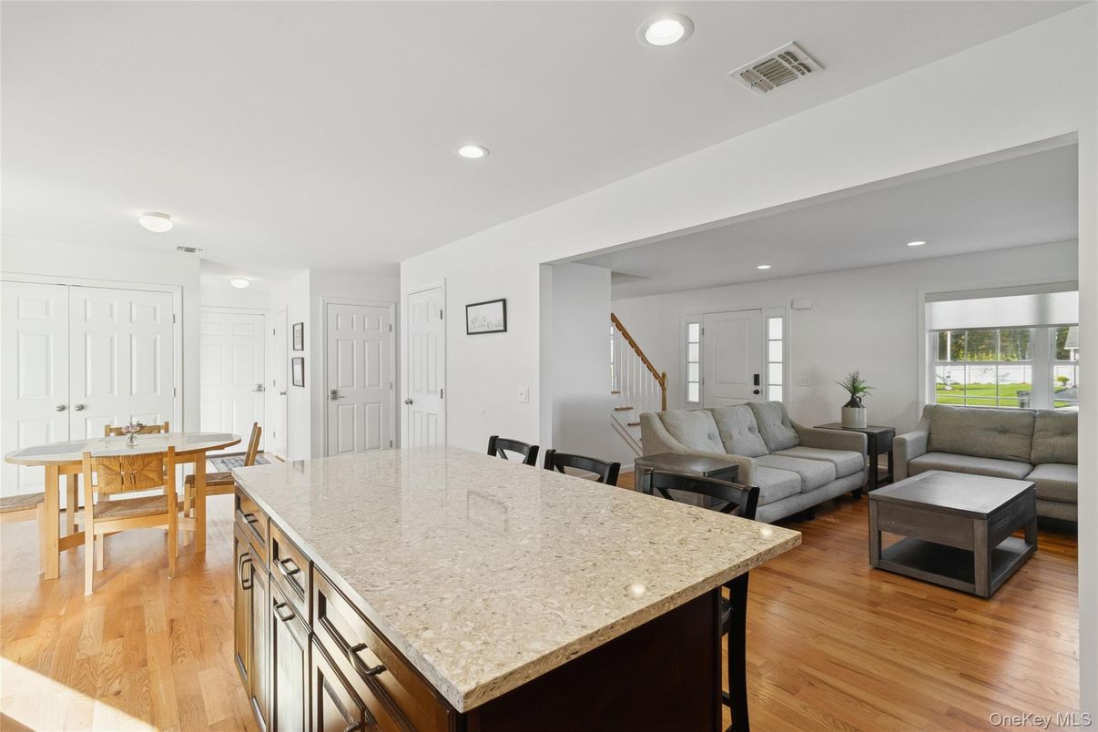 Dining room, Interior, Living room, Recessed Lighting, Wood Texture Flooring