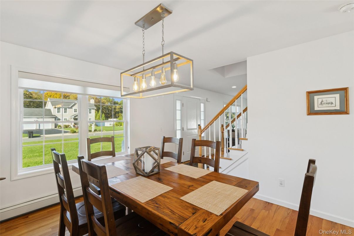 Dining room, Interior, Pendant Lights, Recessed Lighting, Wood Texture Flooring
