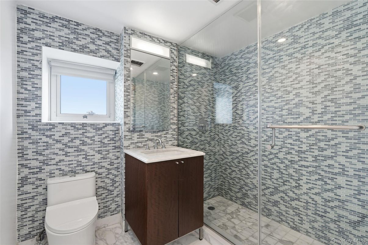 Bathroom, Glass Shower, Interior, Marble, Recessed Lighting