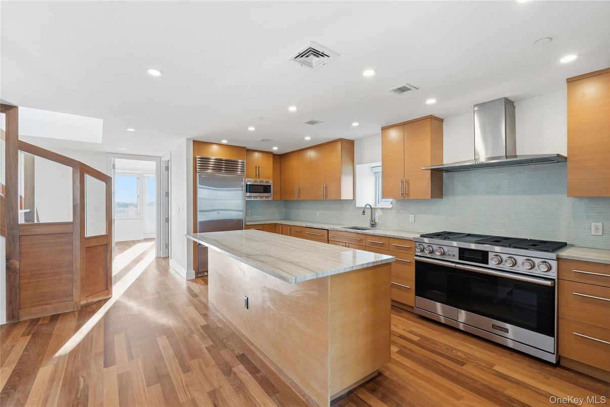 Interior, Kitchen, Recessed Lighting, Stainless Steel Appliances, Wood Texture Flooring