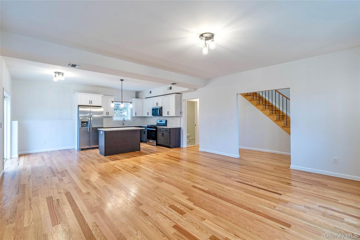 Interior, Kitchen, Pendant Lights, Stainless Steel Appliances, Wood Texture Flooring
