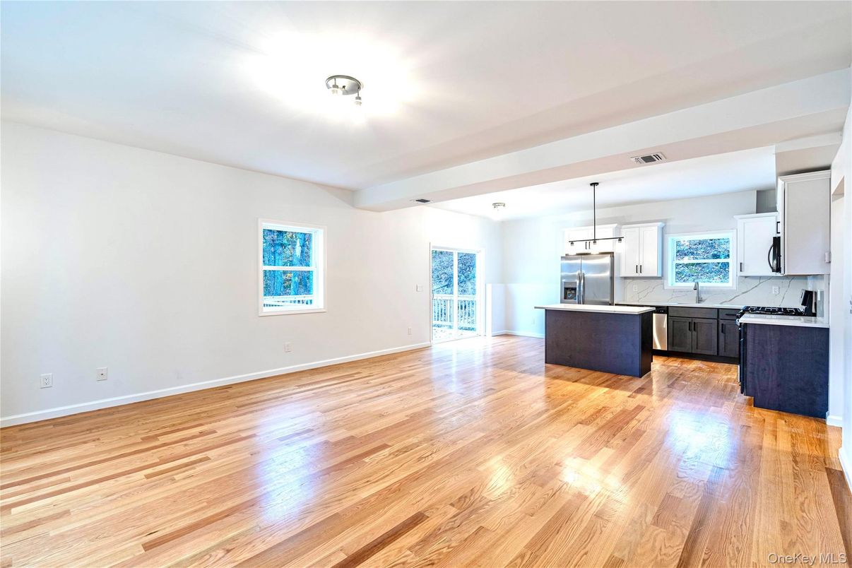 Empty room, Interior, Kitchen, Pendant Lights, Wood Texture Flooring