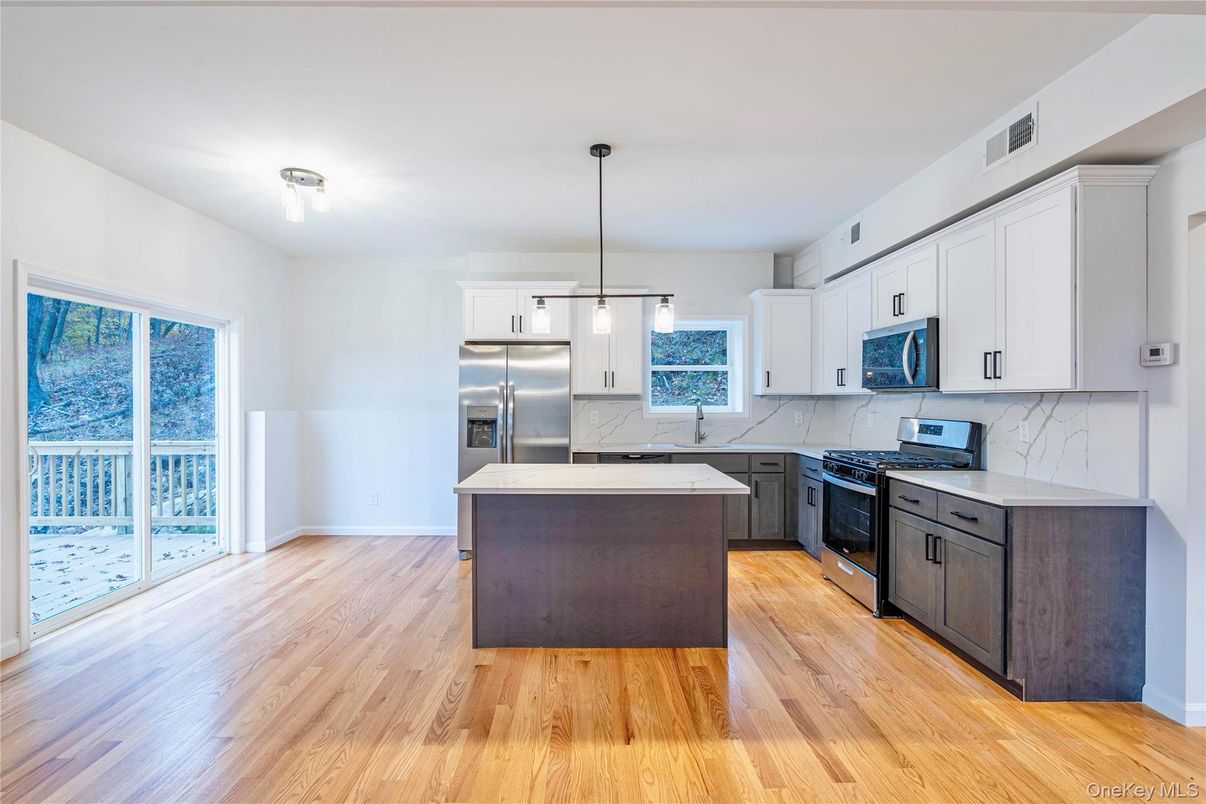 Interior, Kitchen, Pendant Lights, Stainless Steel Appliances, Wood Texture Flooring