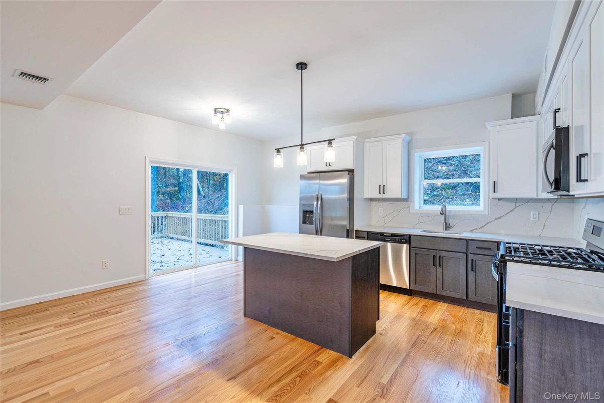 Interior, Kitchen, Pendant Lights, Stainless Steel Appliances, Wood Texture Flooring